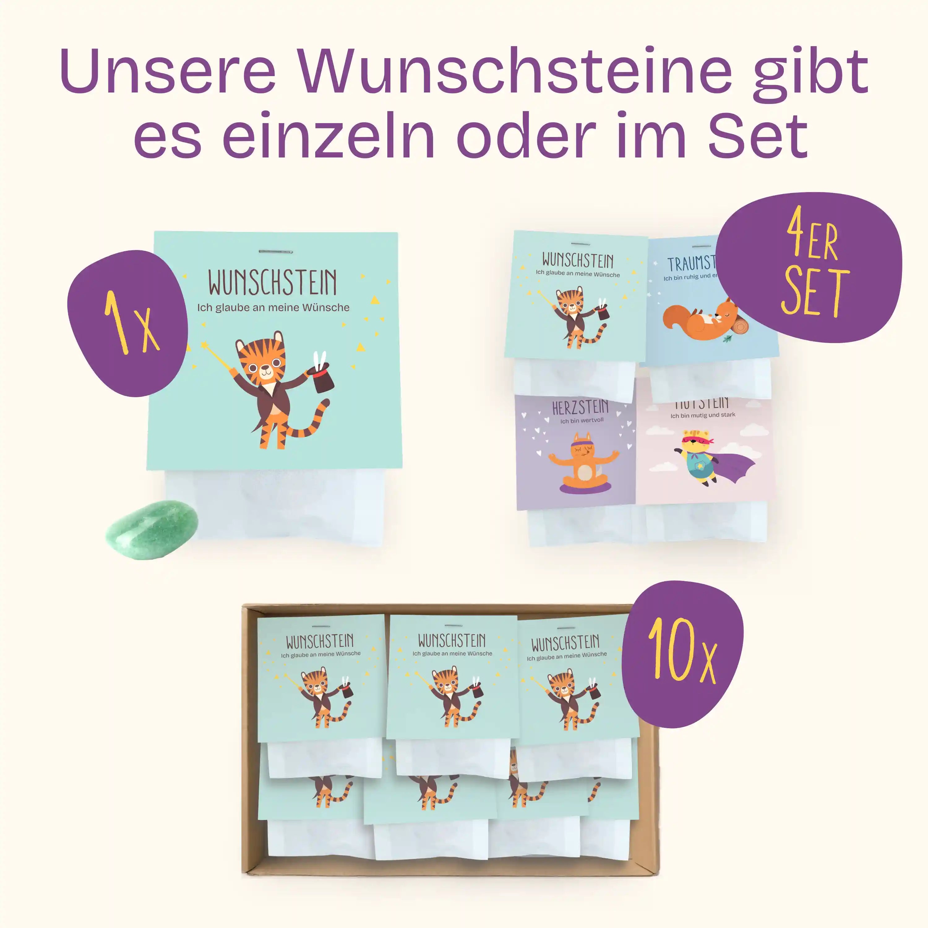 Unsere Wunschsteine gibt es einzeln, im 4er Bundle oder 10er Set