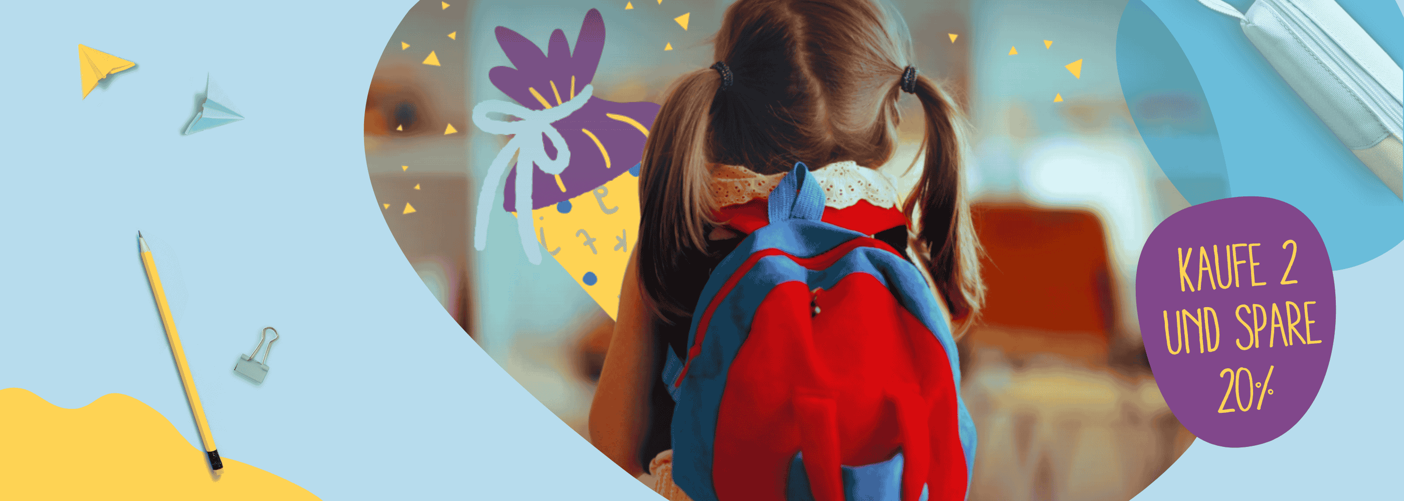 Mädchen mit rotem Rucksack und illustrierter Schultüte in der Hand. Text: Kaufe 2 und spare 20%.
