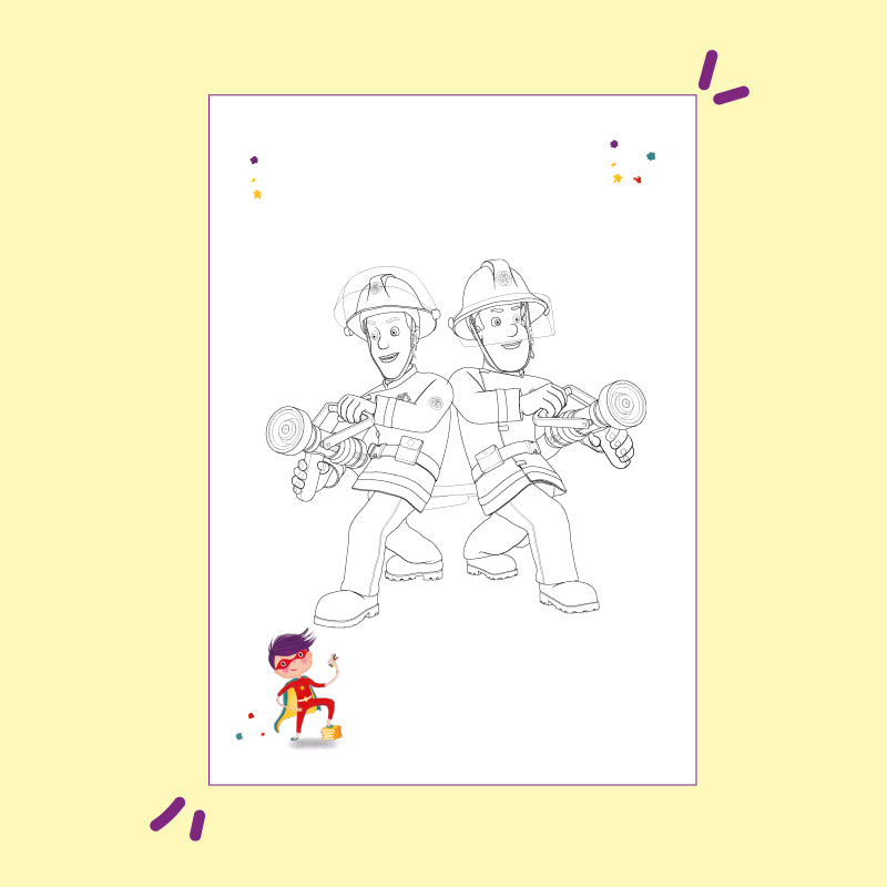 Ausmalbild zum kostenlosen Download: Zwei fröhliche Feuerwehrmänner mit Helmen und Ausrüstung halten Schläuche, stehen nebeneinander und lächeln.