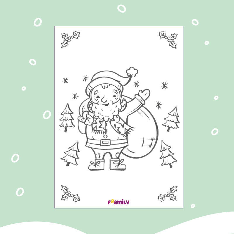 Ausmalbild zum kostenlosen Download: Santa Claus lächelnd und winkend mit seinem Geschenksack, umgeben von Weihnachtsbäumen, Stechpalmen und Schneeflocken.