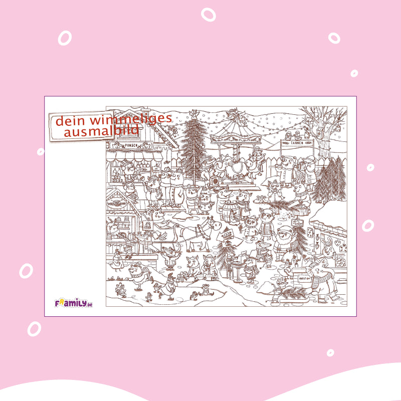 Ausmalbild zum kostenlosen Download: Eine detaillierte Winterurlaub Malvorlage zeigt festliche Szenen mit Menschen, Tieren, Weihnachtsbäumen und Dekorationen.