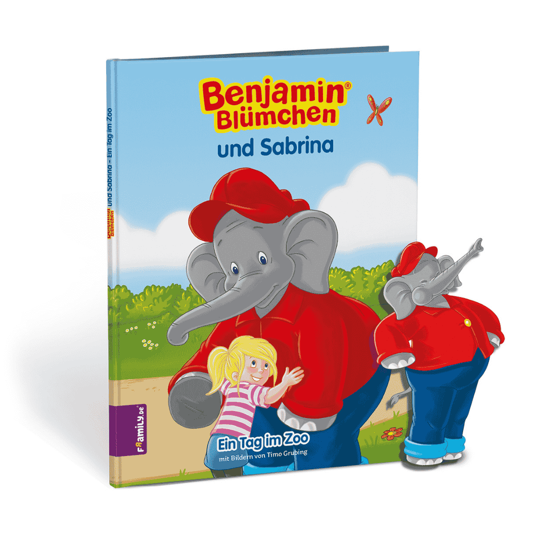 Buchcover von dem personalisierten Buch Benjamin Blümchen mit Benjamin Blümchen, der ein blondes Mädchen umarmt. Der Buchtitel lautet "Benjamin Blümchen und Sabrina".