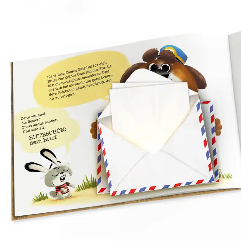 Eine Seite aus dem Framily-Kinderbuch "Ein Brief für dich", auf dem ein Briefumschlag abgebildet ist, aus dem das Kind seinen ganz eigenen Brief holen kann.