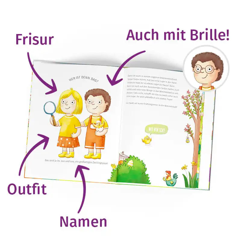 Mit dem Osterwimmelbuch für Geschwister von Framily können die Namen, Outfits und Frisuren von zwei Kindern personalisiert werden - für ein einzigartiges illustriertes Osterabenteuer.