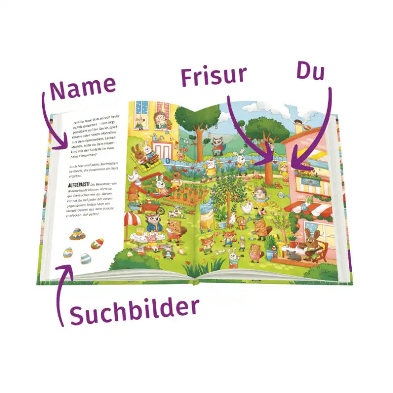 Das Osterwimmelbuch für Geschwister von Framily zeigt ein aufgeschlagenes Kinderbuch mit einer lebendigen Outdoor-Szene. Lila Pfeile zeigen auf die individuell gestaltbaren Felder für "Name", "Frisur" und "Dein Aussehen" - ideal für eine personalisierte Osterreise in Wimmelstadt.