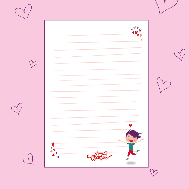 Briefpapier zum kostenlosen Download: unten rechts ein fröhliches Männchen mit Herz sowie das Wort "danke".