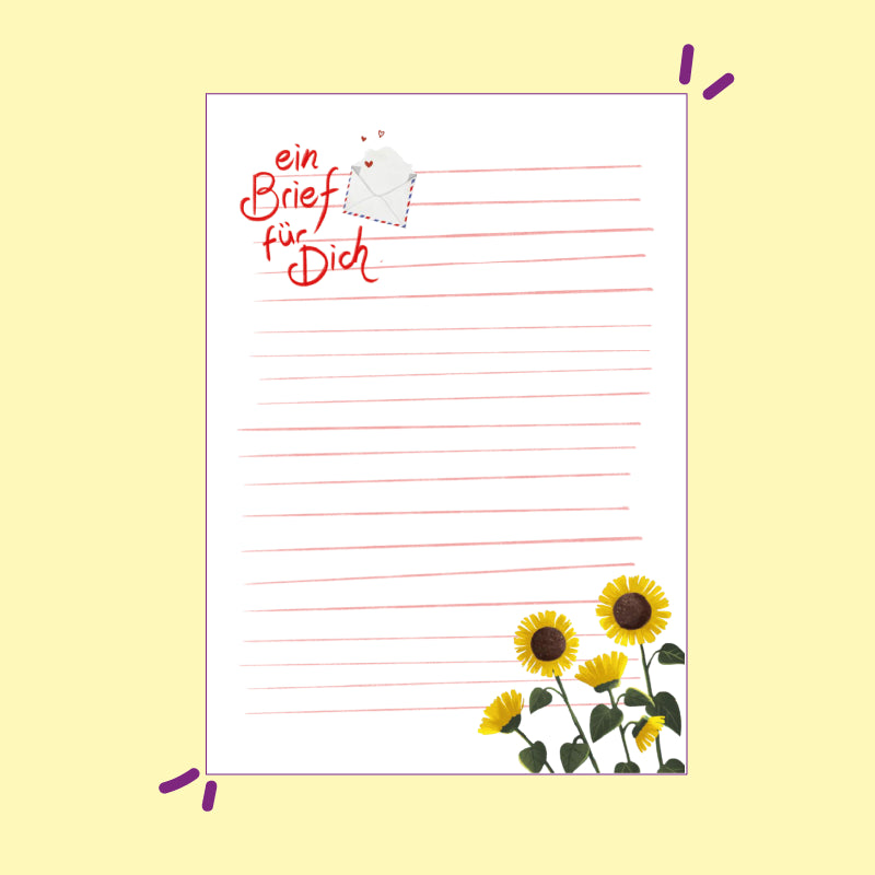 Briefpapier zum kostenlosen Download: unten rechts sind Sonnenblumen abgebildet, oben link "ein Brief für dich" mit einem geöffneten Briefumschlag, aus dem Herzen fliegen.
