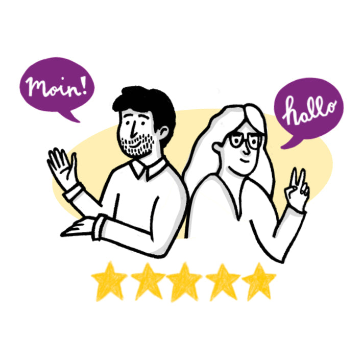 Zwei illustrierte Personen, eine mit Bart, die "Moin!" sagt, und eine mit Brille, die "Hallo" sagt, stehen Rücken an Rücken und zeigen Friedens- und Winkgesten. Vier gelbe Sterne unter ihnen heben eine positive Bewertung hervor.