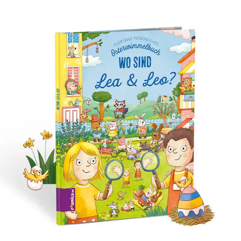 Das Framily Osterwimmelbuch für Geschwister zeigt ein farbenfrohes Cover mit zwei Kindern auf einer personalisierten Osterreise, die einen Garten voller Tiere, Ostereier und Frühlingsszenen erkunden.