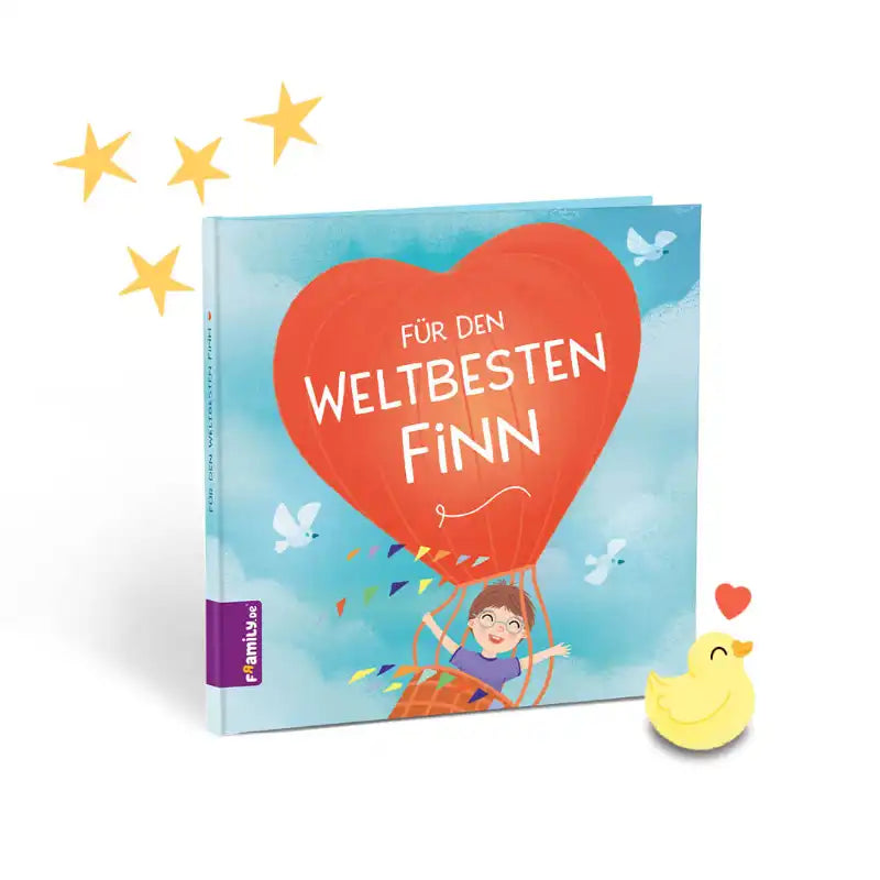 "Für das weltbeste Kind" von Framily ist ein personalisiertes Kinderbuch mit einem roten Heißluftballon, einem lächelnden Kind, weißen Vögeln und blauem Himmel - ein einzigartiges Geschenk für das beste Kind.