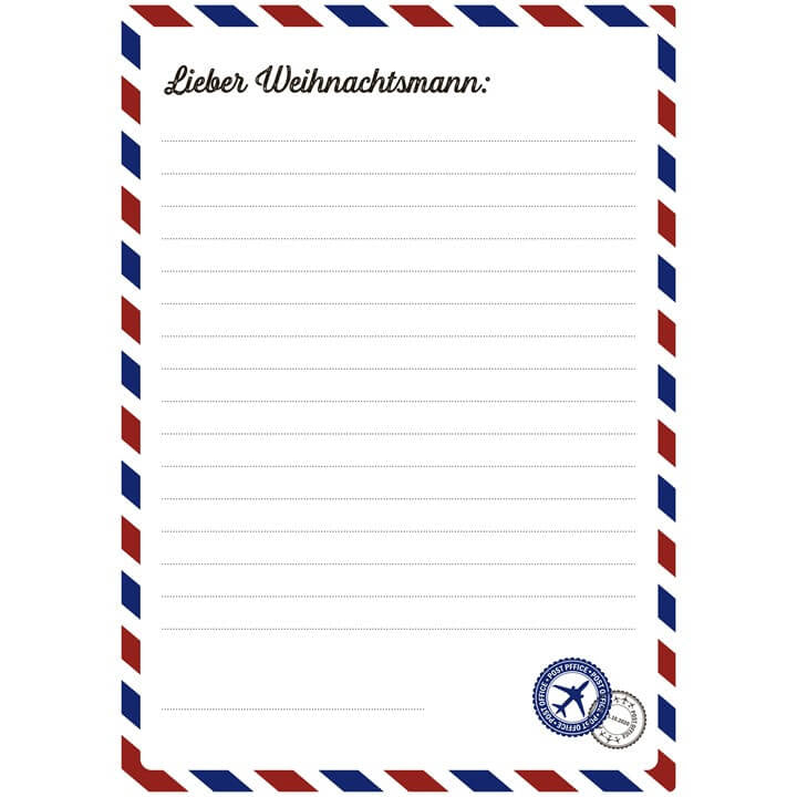 Briefvorlage zum Thema Luftpost mit einem klassischen rot-blau-weißen Rand. Oben steht "Lieber Weihnachtsmann", unten rechts befinden sich Leerzeilen zum Schreiben sowie Post- und Flugzeugstempel.