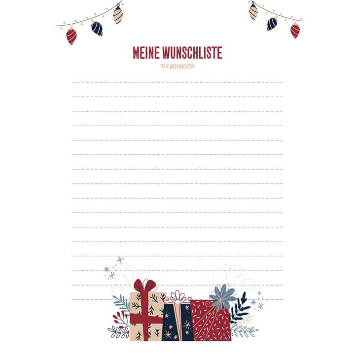 Festliche Wunschzettel-Vorlage mit MEINE WUNSCHLISTE oben, Lichterketten oben, gepunkteten Linien zum Schreiben und illustrierten Blumen und Geschenken in Rot, Blau und Beige unten.
