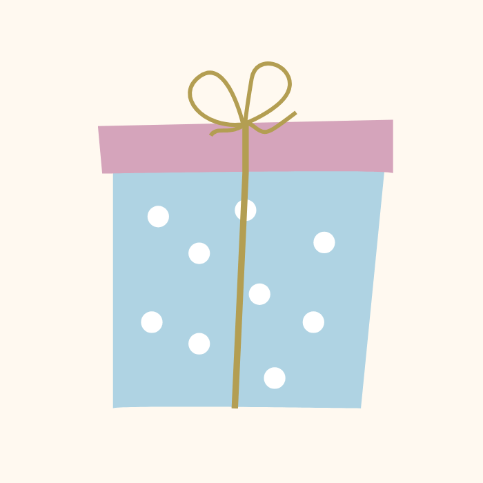 Eine einfache Illustration eines blauen Geschenkkartons mit weißen Tupfen, der oben mit einem rosa Band umwickelt und mit einem glänzenden goldenen Band zu einer Schleife gebunden ist.