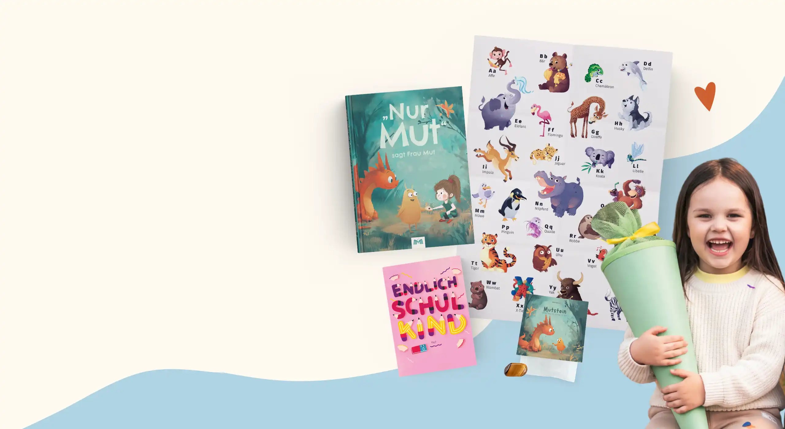 Mädchen mit Schultüte und Produkte aus dem Framily Mutmacher-Paket: Mutbuch, Mutstein, ABC-Poster und Grußkarte