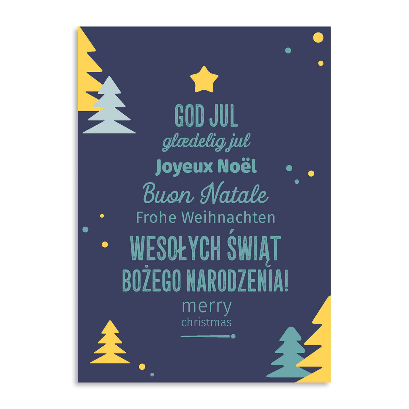 Blaue Karte mit Weihnachtsbaum aus weihnachtlichen Grüßen in verschiedenen Sprachen