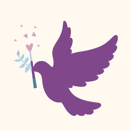 Lilafarbene Taube mit Zauberstab mit Herzchen im Schnabel