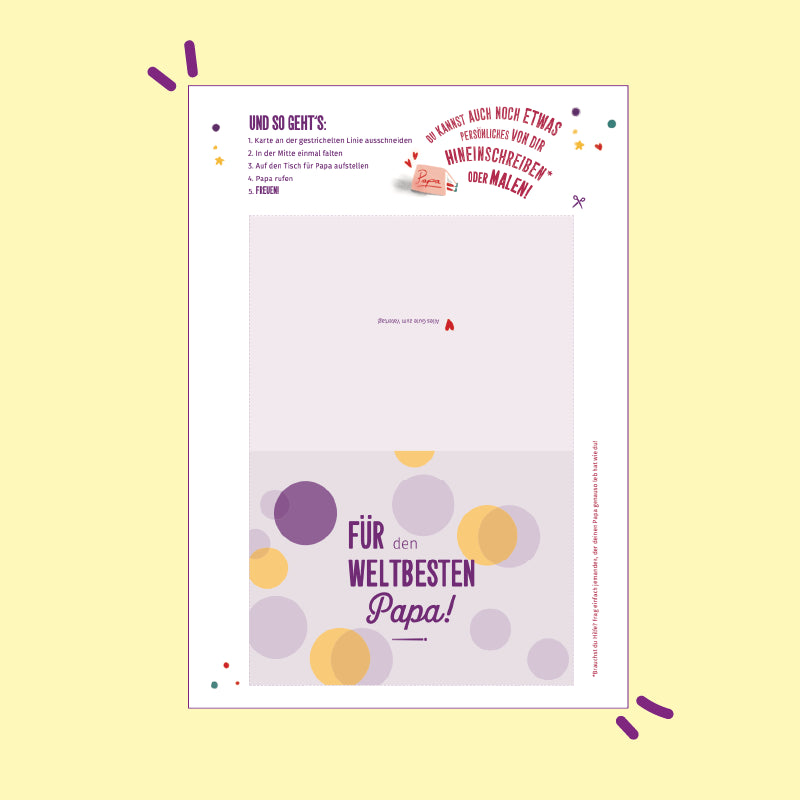 Vorlage zum kostenlosen Download: Klappkarte mit lila und gelben Kreisen auf hellrosa Hintergrund. Der Text lautet "Für den weltbesten Papa!" mit Platz für eine Nachricht.