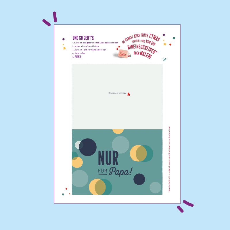 Vorlage zum kostenlosen Download: Klappkarte mit blauer Vorderseite mit blauen und gelben Kreisen. In der Mitte steht: "Nur für Papa!"