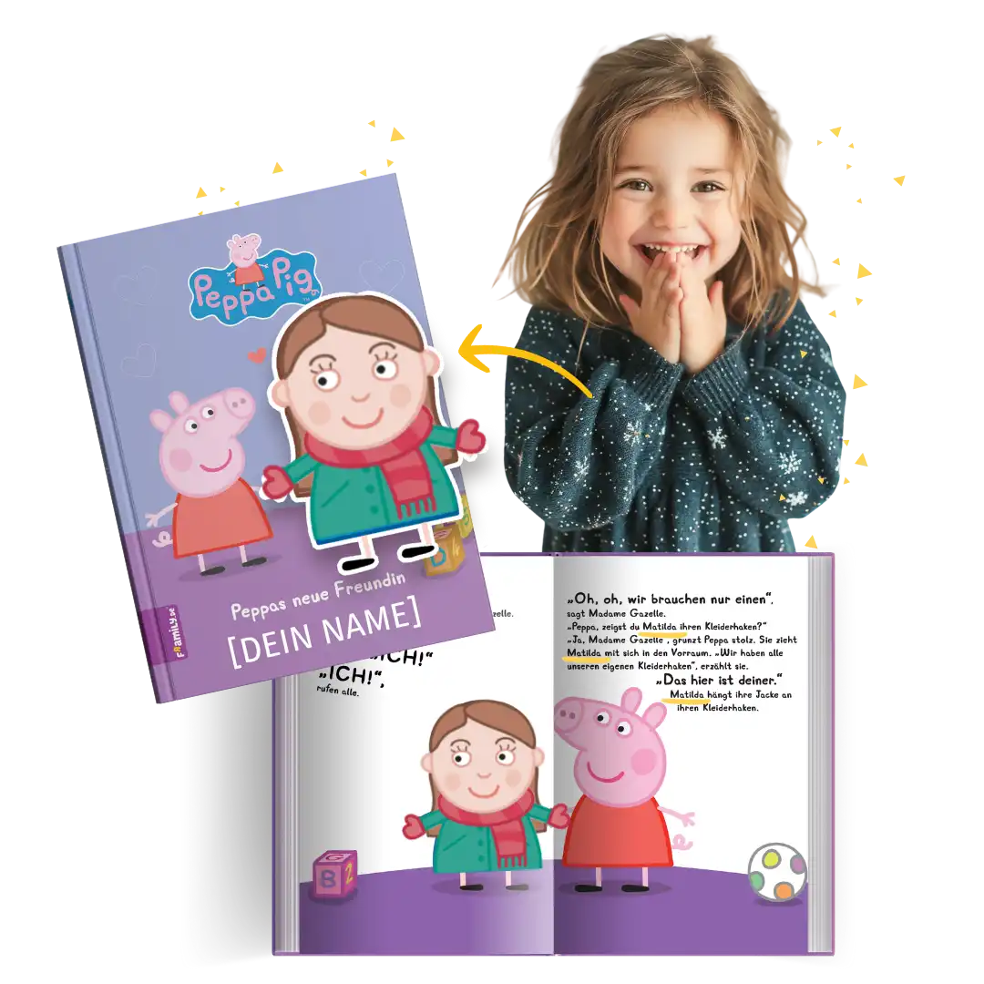 Strahlende Kinderaugen eines Mädchens jüber das Buch Peppas neue Freundin, in dem der Name deines Kindes steht.