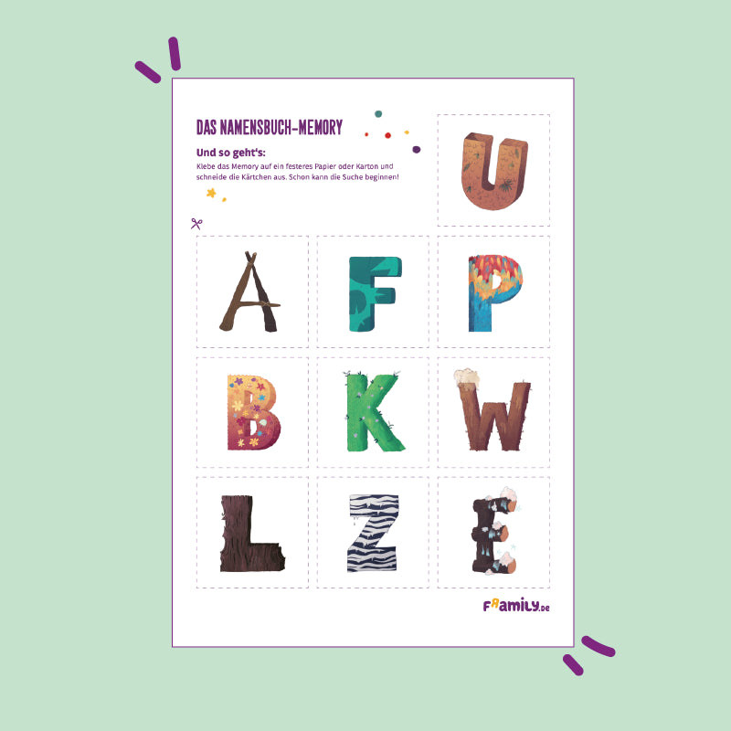 Kostenlose Vorlage zum Download für ein Memory mit farbenfrohen Großbuchstaben.