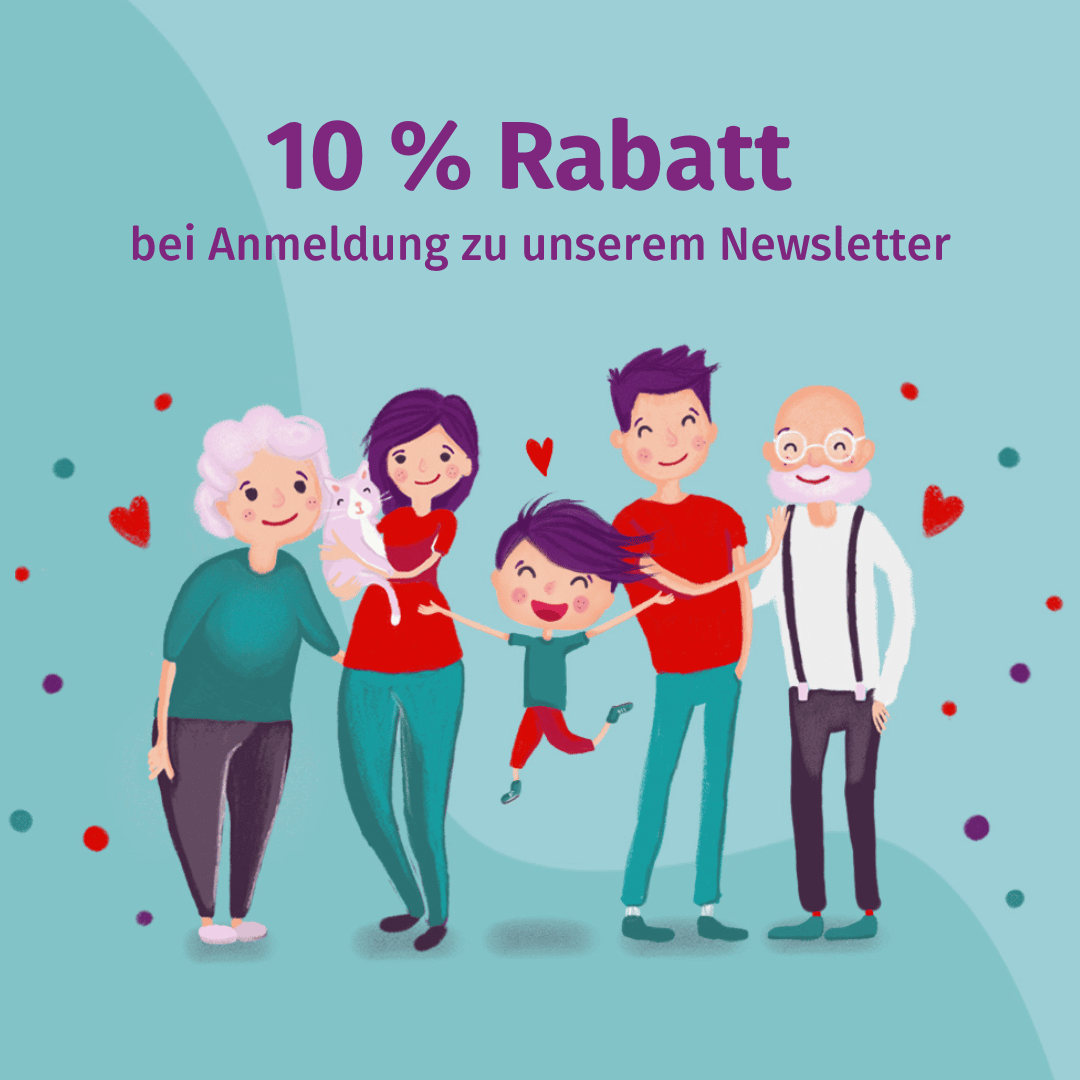 Illustration einer fröhlichen Mehrgenerationen-Familie mit ihrer Katze, die alle zusammen stehen und lächeln. Der Text darüber lautet: 10 % Rabatt bei Anmeldung zu unserem Newsletter auf hellblauem Hintergrund.