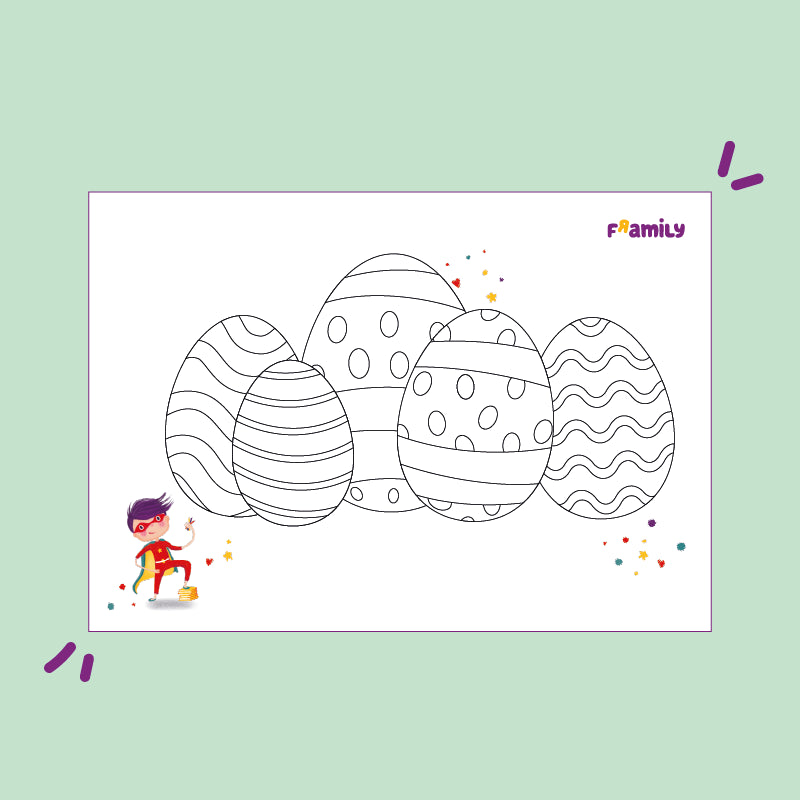 Ausmalbild zum kostenlosen Download: fünf große, gemusterte Ostereier