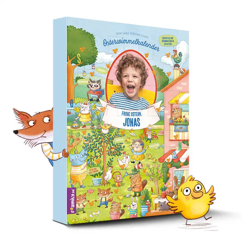 Der Framily Oster-Countdown-Kalender zeigt viele Tiere aus der Wimmelstadt, das Foto eines lächelnden Kindes in der Mitte und dem Text "Frohe Ostern, Jonas" - perfekt als Countdown zu Ostern.