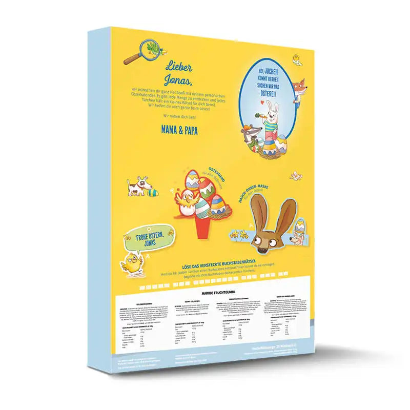 Rückseite eines leuchtend gelben Oster-Countdown-Kalenders von Framily mit Tieren, Ostereiern, verspielten Zeichnungen und einem Bereich zur Personalisierung.