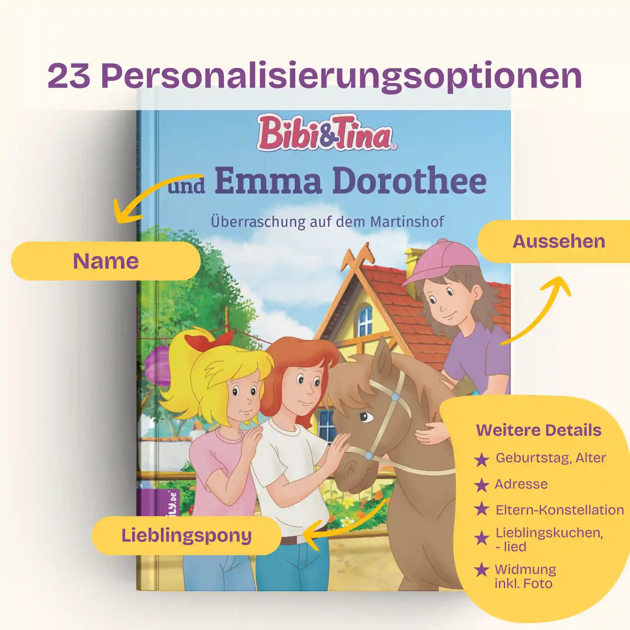 28 Personalisierungsoptionen: Name und Aussehen des Kindes, Lieblingspony, Geburtstag, Alter, Adresse, Eltern-Konstellation, Lieblingskuchen, -lied, Widmung inklusive Foto