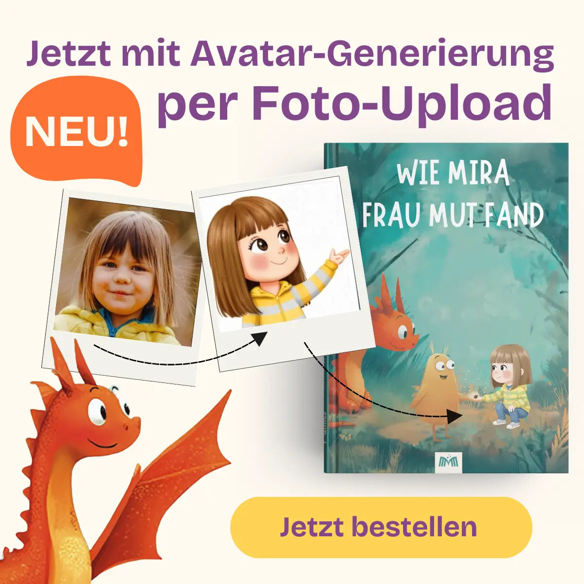 Funktionsweise des Foto-Konfigurators, der ein Foto des Kindes in einen Avatar im Stile des Buches umwandelt