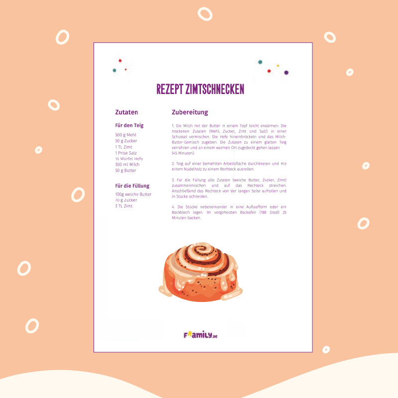 Rezept zum kostenlosen Download für
Zimtschnecken. Der Text enthält Zutaten und Backanweisungen.