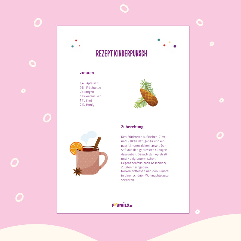 Rezept zum kostenlosen Download für
Kinderpunsch. Der Text enthält Zutaten und Backanweisungen.
