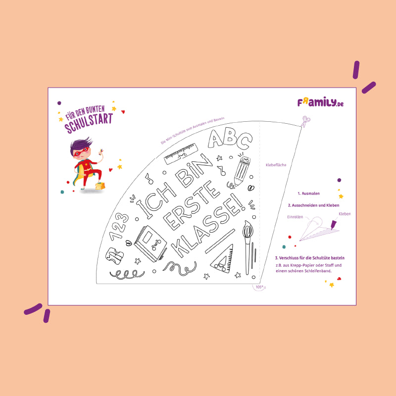 Ausmalbild zum kostenlosen Download: Schultüte zum Ausmalen mit der Aufschrift "Ich bin erste Klasse"