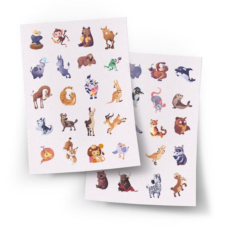 Das Framily 40 Tier-Sticker (2 Seiten, DIN A4) Set enthält bunte Tier-ABC-Sticker - Bären, Hirsche, Ziegen, Kängurus, Wale, Waschbären, Füchse, Eulen und Zebras - in ordentlichen Reihen auf weißem Untergrund; ideal zum Lernen des Alphabets.