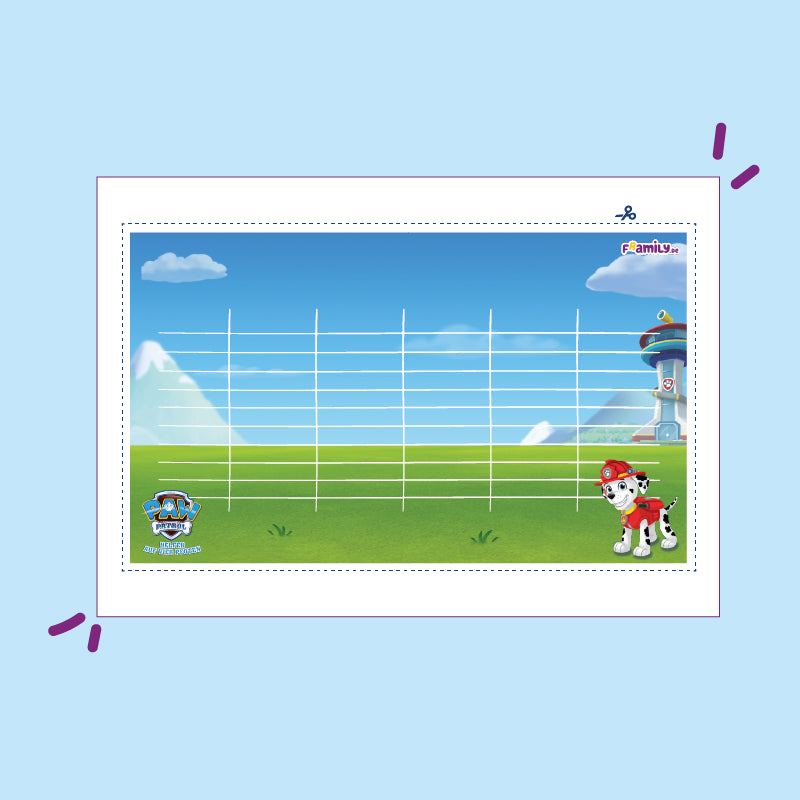 Stundenplan zum kostenlosen Download mit Paw Patrol auf grüner Wiese und mit blauem Himmel.