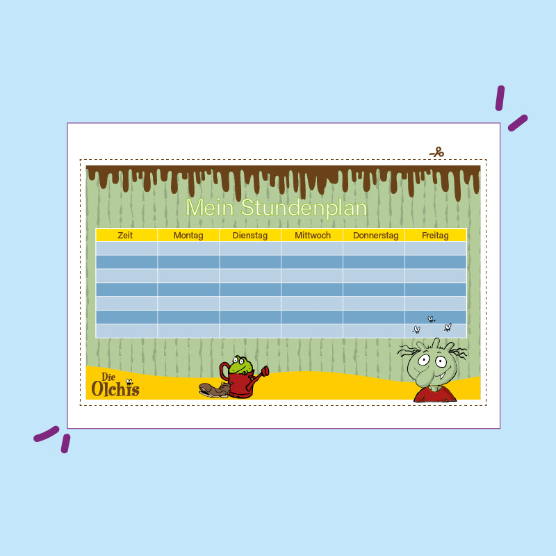 Stundenplan zum kostenlosen Download mit den Olchis auf matsch-grünem Hintergrund.