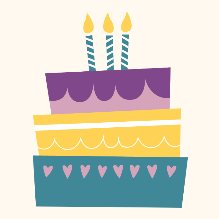 Illustration eines skurrilen dreischichtigen Geburtstagskuchens mit rosa Herzen, Zuckerguss und drei brennenden Kerzen mit blauen und weißen Streifen obenauf.