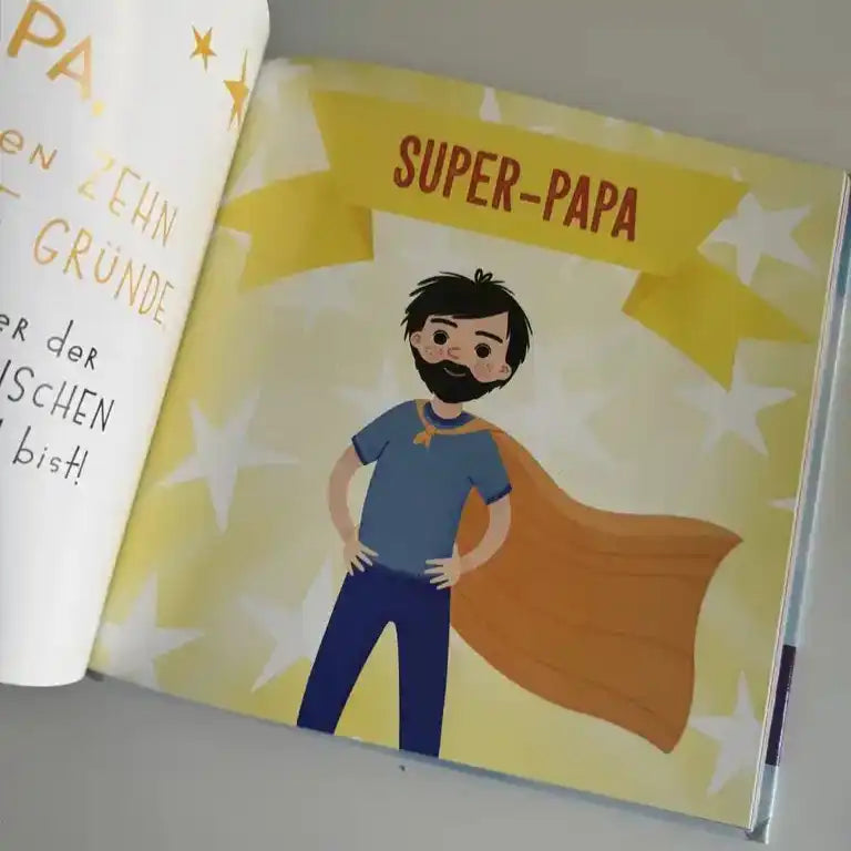 Illustration eines Papas als Superheld mit Umhang