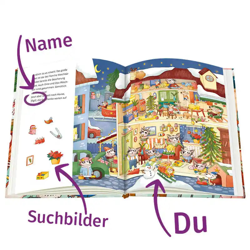 Aufgeschlagenes Winterwimmelbuch" von Framily, das die Personalisierungsoptionen Name und Aussehen aufzeigt. Gleichzeitig können bestimmte Elemente im Wimmelbild gesucht werden.