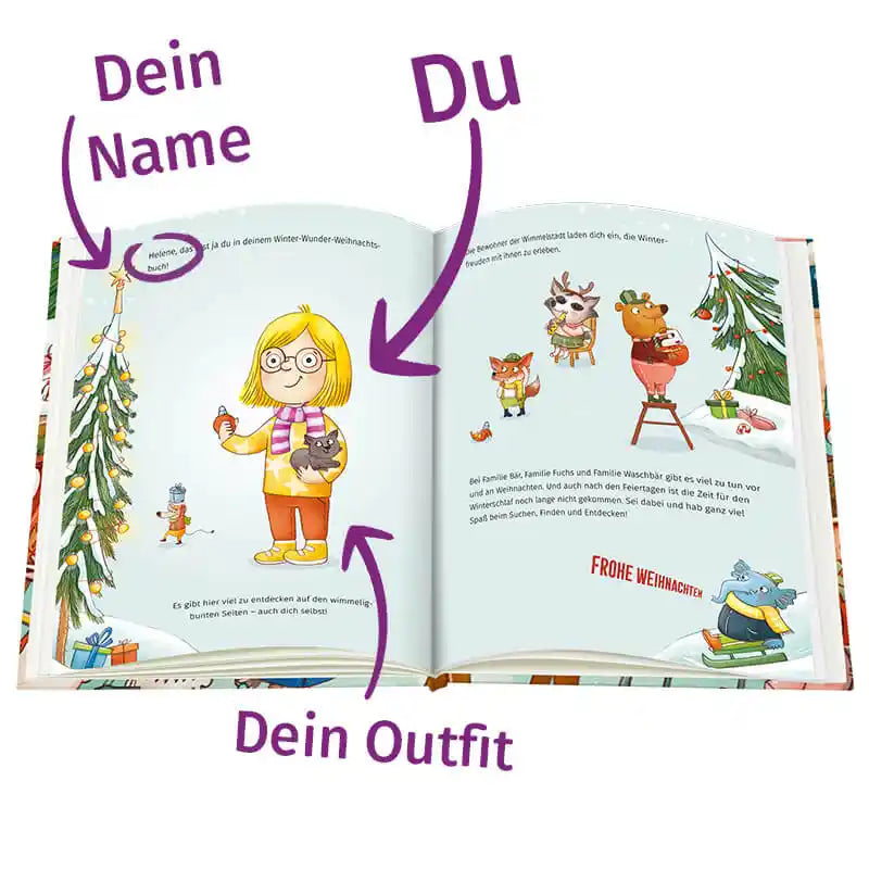 Aufgeschlagene Seite vom Wimmelbuch mit Personalisierungsoptionen Name und Outfit