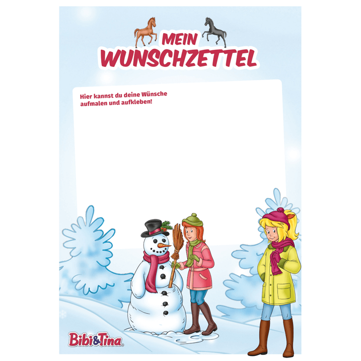 Ein winterlicher Wunschzettel mit dem Text Mein Wunschzettel, einem Schneemann, zwei Mädchen in Winterkleidung, schneebedeckten Bäumen und Pferdeillustrationen am oberen Rand. Es gibt Platz zum Schreiben von Wünschen und das Bibi & Tina-Logo erscheint am unteren Rand.