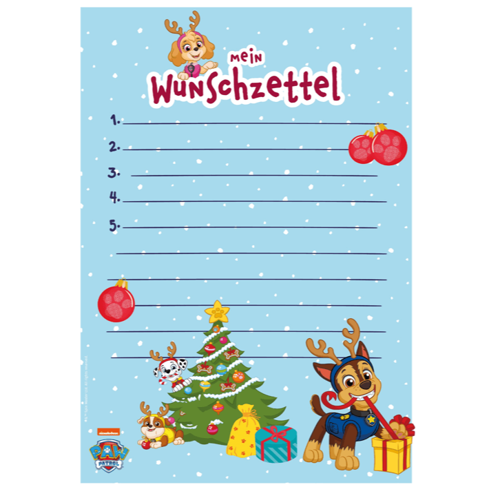 Eine festliche Mein Wunschzettel-Vorlage mit PAW-Patrol-Figuren, einem geschmückten Weihnachtsbaum, Geschenken, Ornamenten, Schnee und nummerierten Zeilen zum Schreiben Ihrer Wünsche. Perfekt für die Weihnachtsstimmung!.