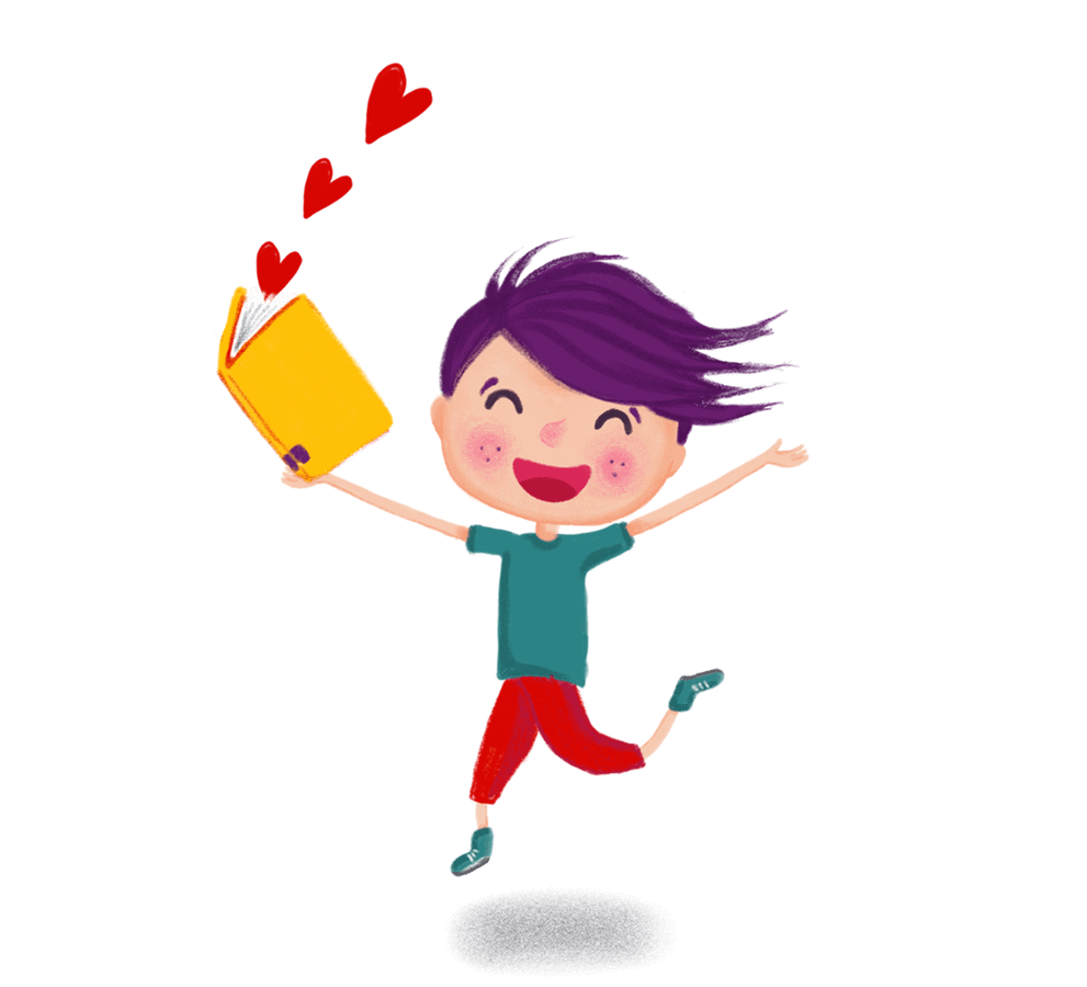 Ein fröhliches Kind mit lilafarbenem Haar, das ein blaugrünes Hemd und eine rote Hose trägt, springt und hält ein aufgeschlagenes gelbes Buch in der Hand, während drei rote Herzen darüber schweben.