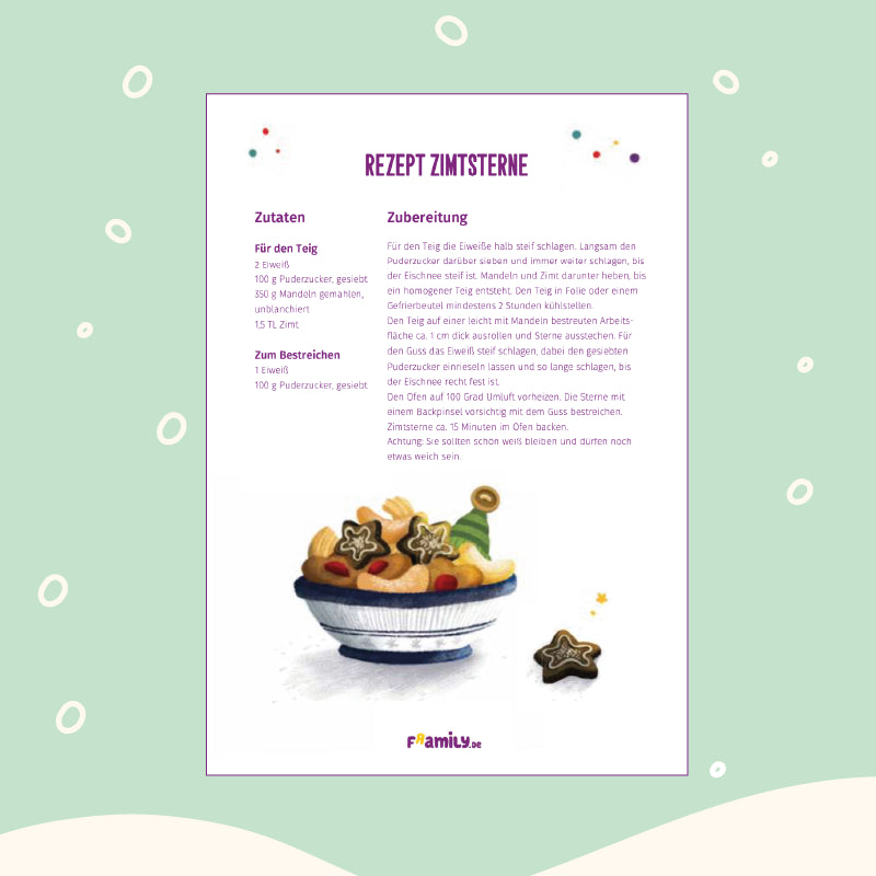 Rezept zum kostenlosen Download für
Zimtsterne. Der Text enthält Zutaten und Backanweisungen.