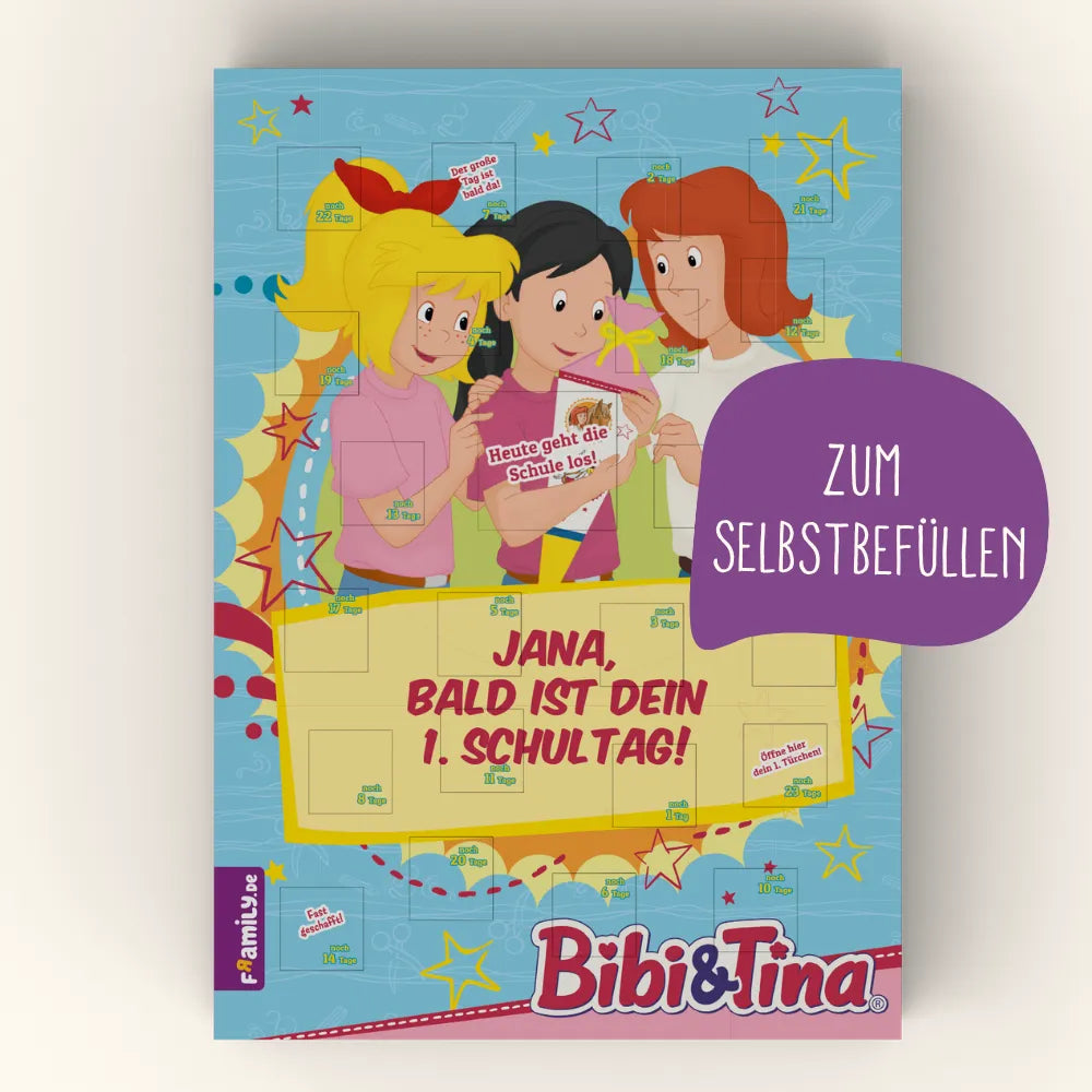 Der Framily Bibi & Tina Countdown-Schulstart-Kalender zum Selbstfüllen mit den beliebten Bibi & Tina Figuren, einem personalisierten illustrierten Mädchen und dem Namen Jana – die perfekte Vorfreude auf die Einschulung.