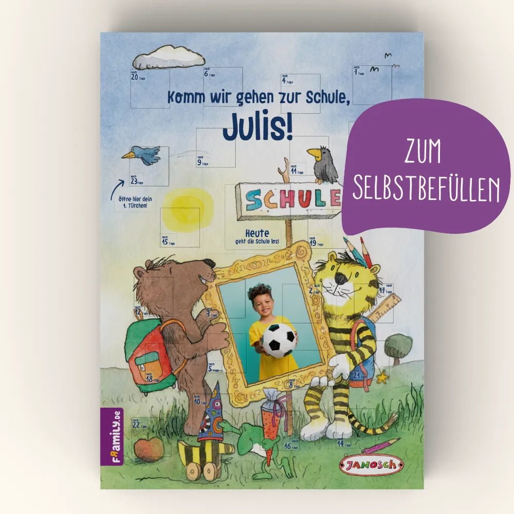 Der Framily Janosch Countdown-Schulstart-Kalender zum Selbstfüllen mit den beliebten Janosch-Motiven, der Foto des Kindes und dem Namen Julis – perfekt als Einschulungs-Countdown.