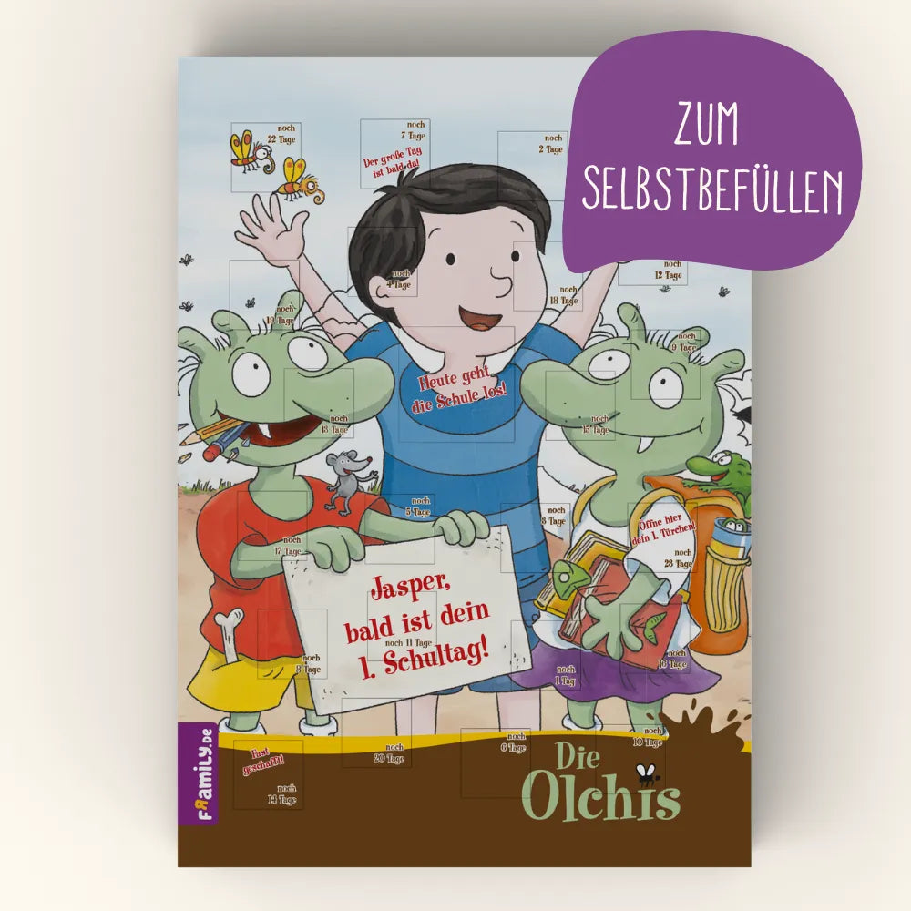 Der Framily Olchis Countdown-Schulstart-Kalender zum Selbstfüllen mit den Olchis, einer Abbildung des personalisierten Kindes und dem Namen Jasper – perfekt als Einschulungs-Countdown.