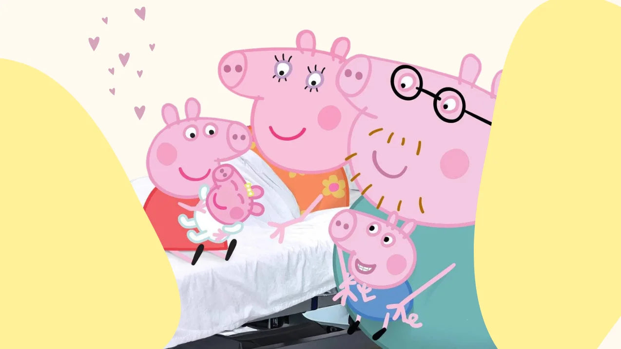 Peppa Pig und Framilie Wutz sitzt am Bett im Krankenhaus nach der Geburt von Baby Evie