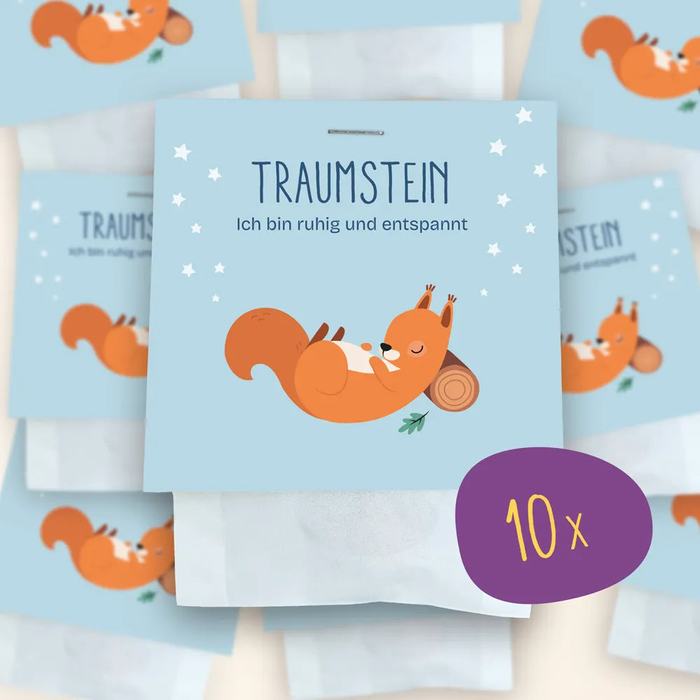10x Traumstein als Set: Im Mittelpunkt ist die Verpackung der Traumsteine zu sehen, im Hintergrund weitere verschwommen.