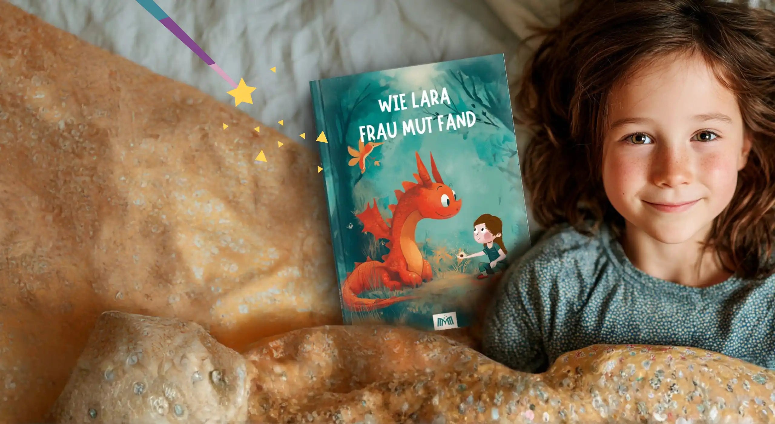 Ein Mädchen liegt im Bett mit ihrem Lieblingsbuch, in dem es um die Suche nach Frau Mut geht. Ein kleiner Drache aus der Geschichte kuschelt sich mit auf die Bettdecke.